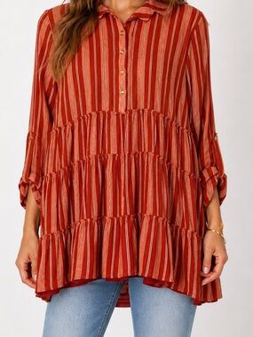 Blue Rain Boho Tiered Tunic Top Small Rust Orange Stripe Flowy Rayon